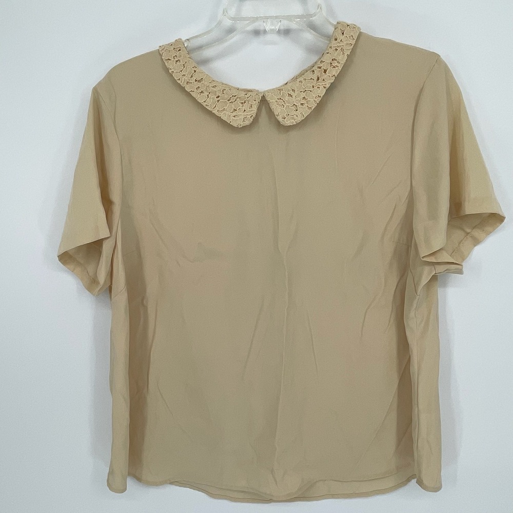 Tommy Hilfiger Women's Beige Lace Peter Pan Collar Short Sleeve Blouse Size XL